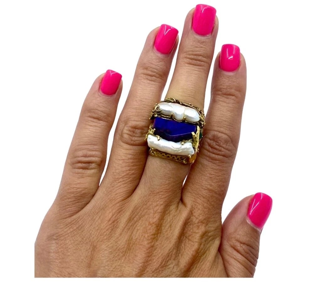 Whimsical Artisan Ring Pearl Gemstones 18k Gold - 3