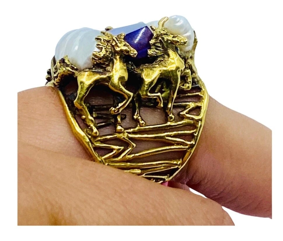 Whimsical Artisan Ring Pearl Gemstones 18k Gold - 4