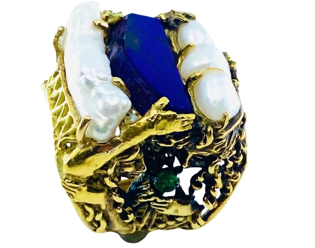 Whimsical Artisan Ring Pearl Gemstones 18k Gold - 5