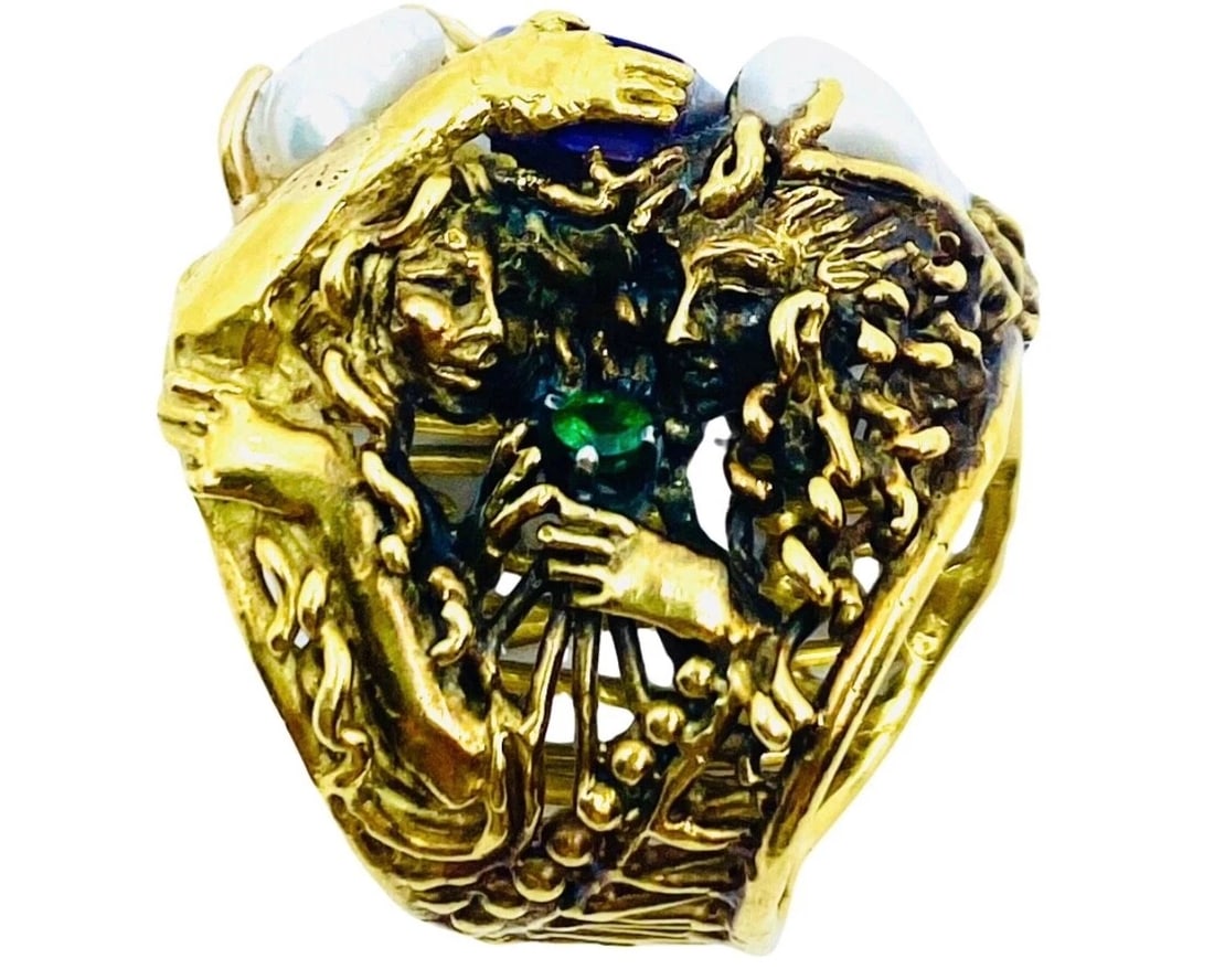 Whimsical Artisan Ring Pearl Gemstones 18k Gold - 6