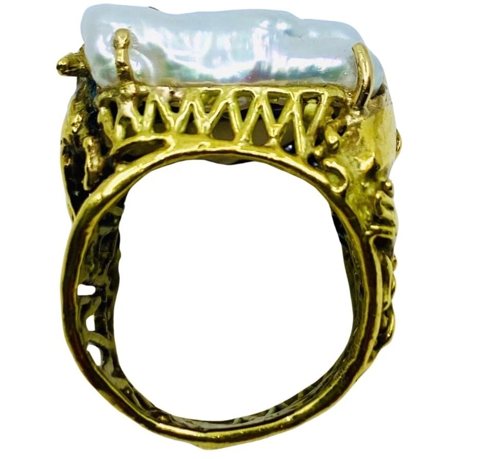 Whimsical Artisan Ring Pearl Gemstones 18k Gold - 8