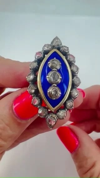 Victorian RING Silver 18k Gold Enamel Diamond Antique Estate Jewelry - 2