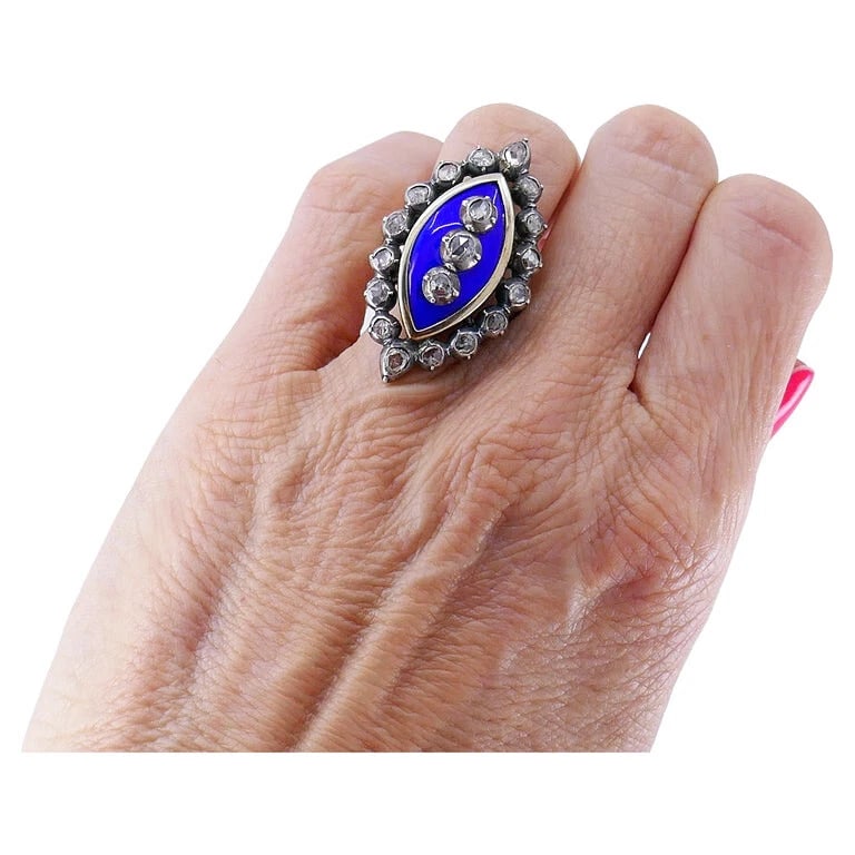Victorian RING Silver 18k Gold Enamel Diamond Antique Estate Jewelry - 8