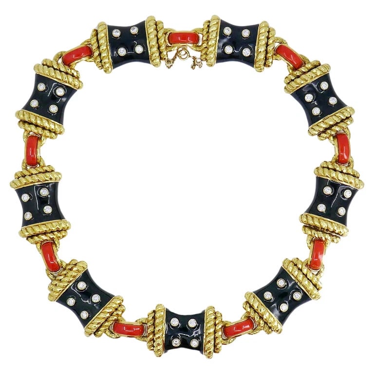 David WEBB NECKLACE Gold Black Enamel Diamond Coral Stud 18k Estate Jewelry: Title: David WEBB NECKLACE Gold Black Enamel Diamond Coral Stud 18k Estate Jewelry Description: DAVD WEBB 18 karat Yellow old Platinum Diamond Enamel Coral Stud Necklace An important David Webb