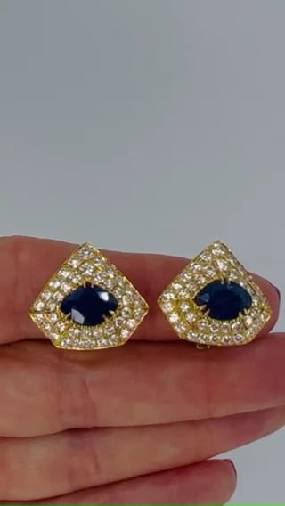Areza Vintage French EARRINGS 18k Gold Sapphire Diamond Estate Jewelry - 2