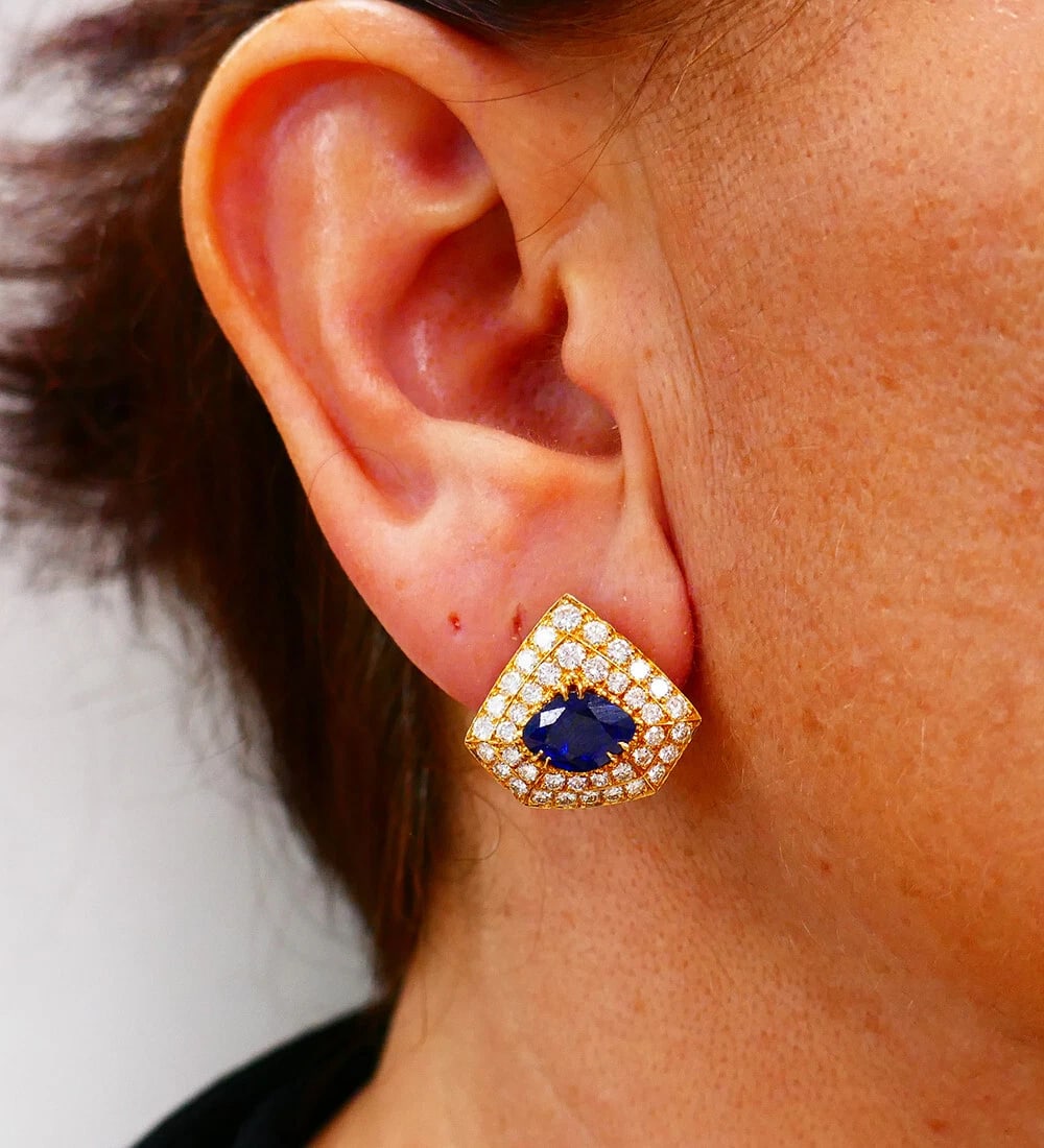 Areza Vintage French EARRINGS 18k Gold Sapphire Diamond Estate Jewelry - 3