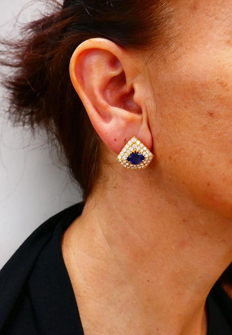 Areza Vintage French EARRINGS 18k Gold Sapphire Diamond Estate Jewelry - 4