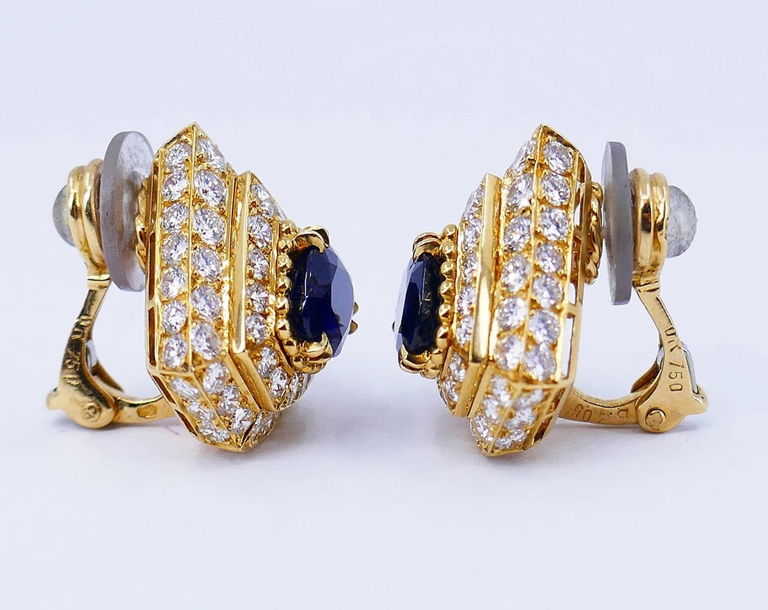 Areza Vintage French EARRINGS 18k Gold Sapphire Diamond Estate Jewelry - 5