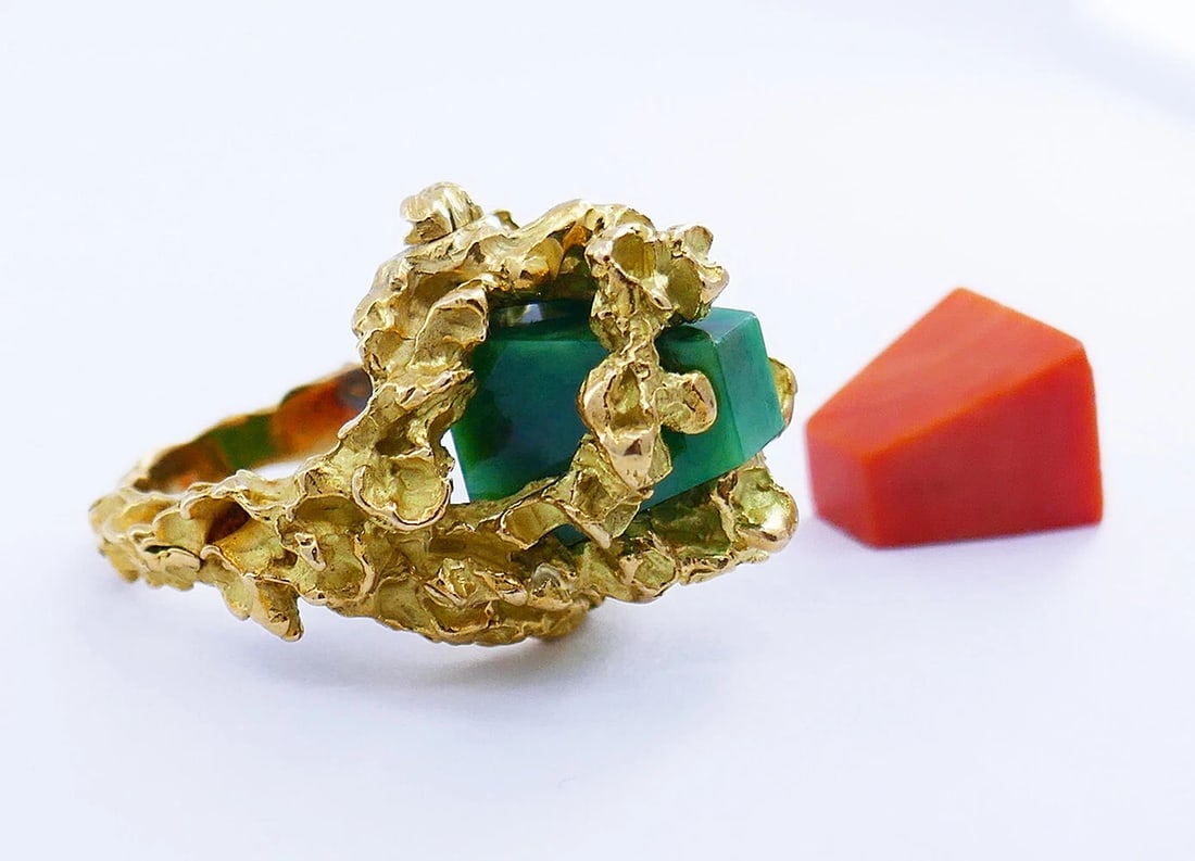 Mid-Century Chaumet RING 18k Gold Coral Jade French Modernist Jewelry - 6