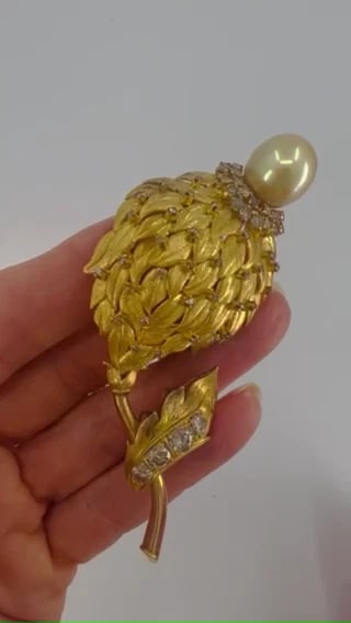 Vintage BROOCH 14k Gold Pearl Diamond Pin Estate Jewelry - 2