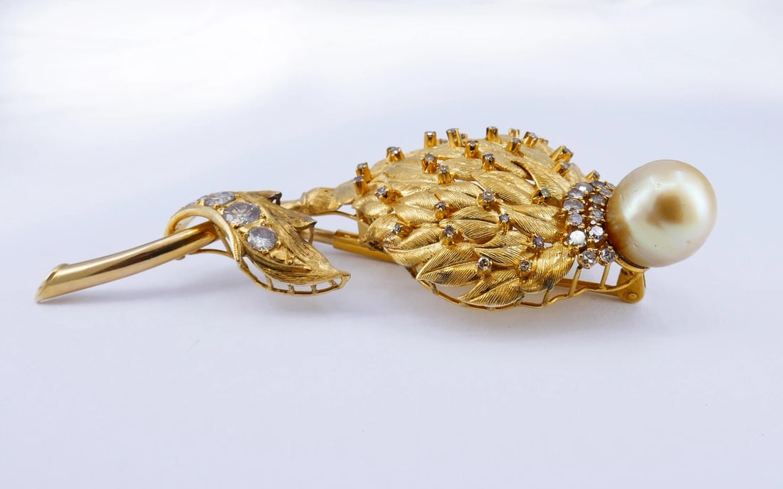Vintage BROOCH 14k Gold Pearl Diamond Pin Estate Jewelry - 3