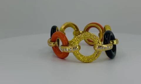 French Vintage BRACELET Atelier Janca 18k Gold Diamond Coral Black Onyx Jewelry - 2