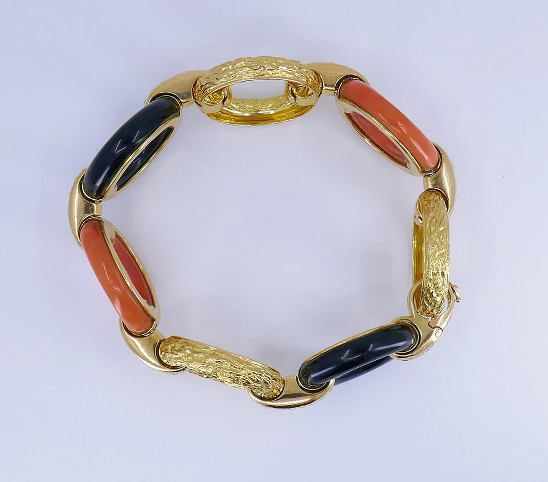 French Vintage BRACELET Atelier Janca 18k Gold Diamond Coral Black Onyx Jewelry - 5