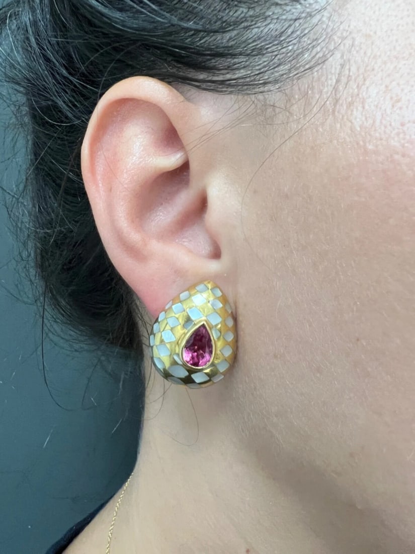 Vintage Angela Cummings Inlayed Pearl, Pink Tourmaline & 18k Gold Earrings - 2