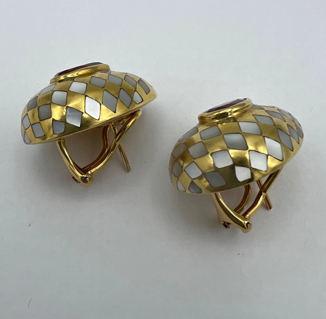 Vintage Angela Cummings Inlayed Pearl, Pink Tourmaline & 18k Gold Earrings - 3