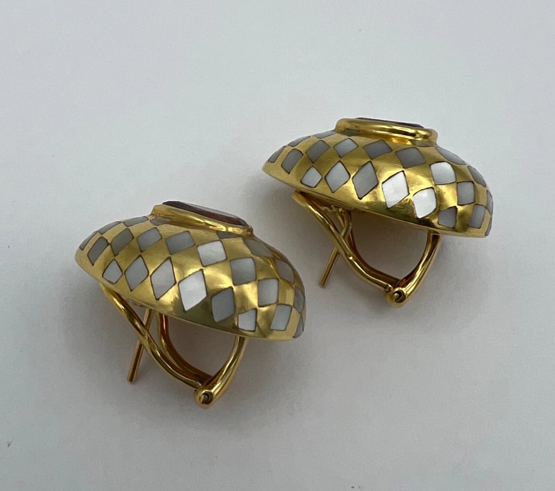 Vintage Angela Cummings Inlayed Pearl, Pink Tourmaline & 18k Gold Earrings - 4