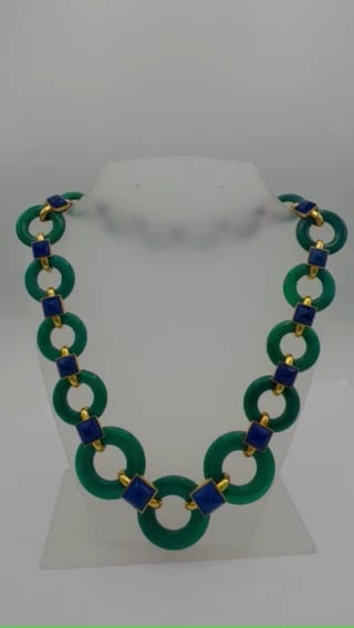 Vintage Aldo Cipullo NECKLACE 18k Gold Chrysoprase Lapis Lazuli Estate Jewelry - 2