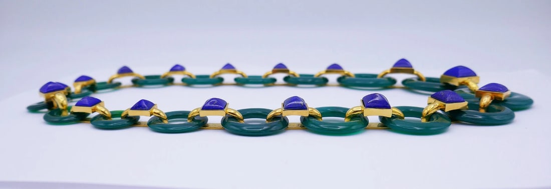 Vintage Aldo Cipullo NECKLACE 18k Gold Chrysoprase Lapis Lazuli Estate Jewelry - 7