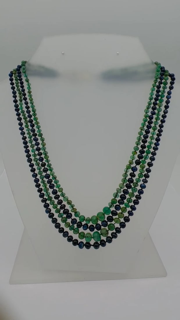 Art Deco NECKLACE Emerald Sapphire Bead with Diamond Opal Platinum Clasp - 2