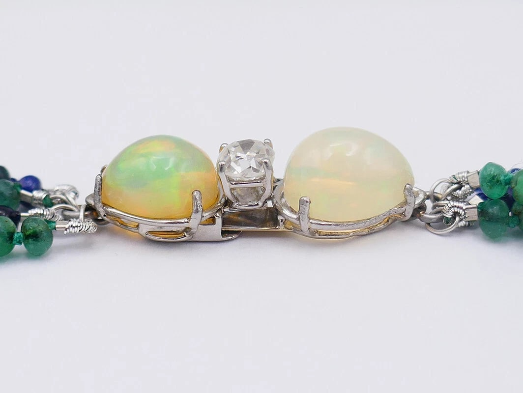 Art Deco NECKLACE Emerald Sapphire Bead with Diamond Opal Platinum Clasp - 8