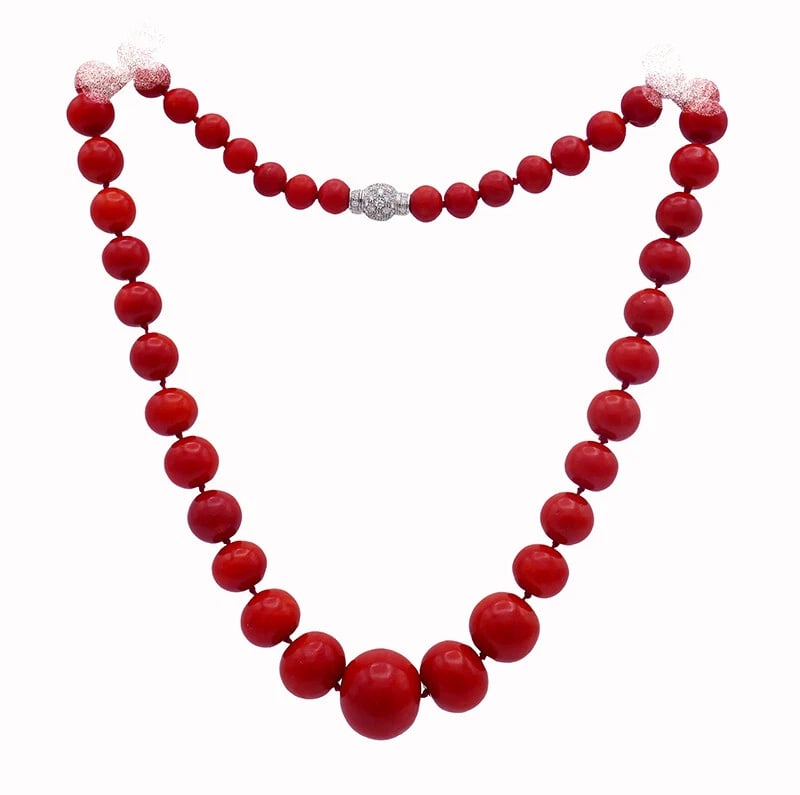 Vintage Mediterranean Coral NECKLACE with Diamond 14k Gold Clasp Estate Jewelry (1 of 8)