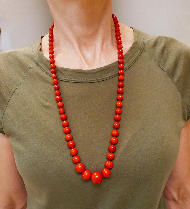 Vintage Mediterranean Coral NECKLACE with Diamond 14k Gold Clasp Estate Jewelry - 3