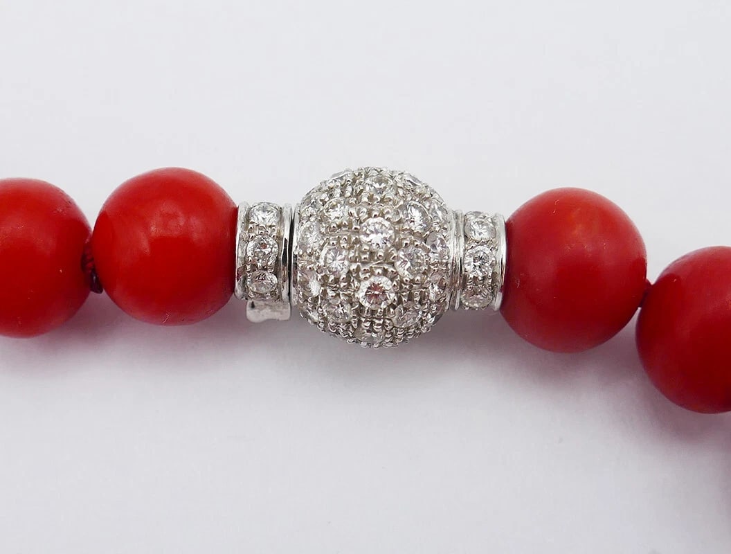 Vintage Mediterranean Coral NECKLACE with Diamond 14k Gold Clasp Estate Jewelry - 8