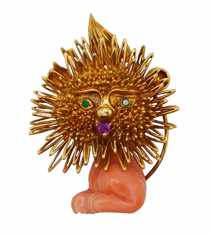 Vintage BROOCH Pin Clip 18k Gold Coral Gems Leo Zodiac Estate Jewelry (1 of 5)