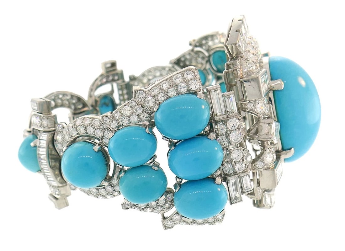 Trabert & Hoeffer-Mauboussin Vintage Bracelet Platinum Persian Turquoise Diamond - 5