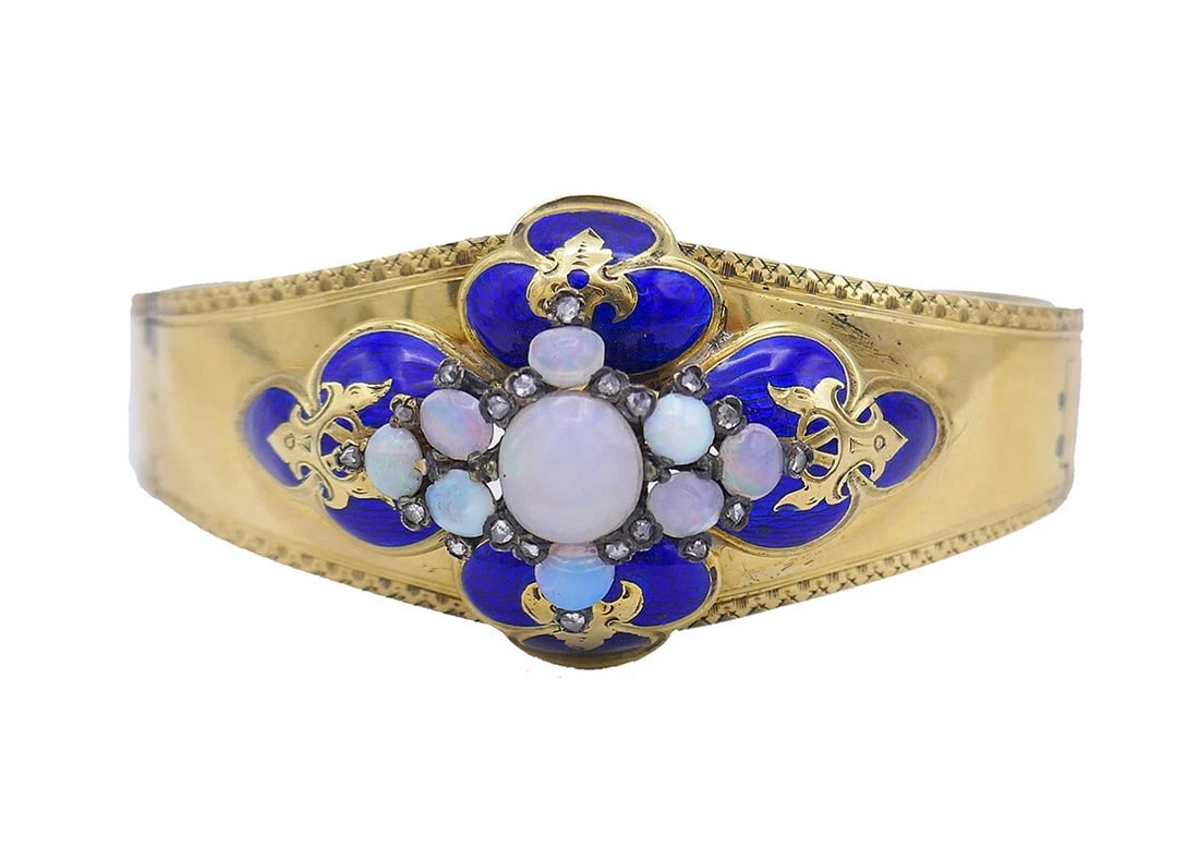 Antique French Victorian Bangle Bracelet Earrings Brooch 18k Gold Diamond Enamel - 3
