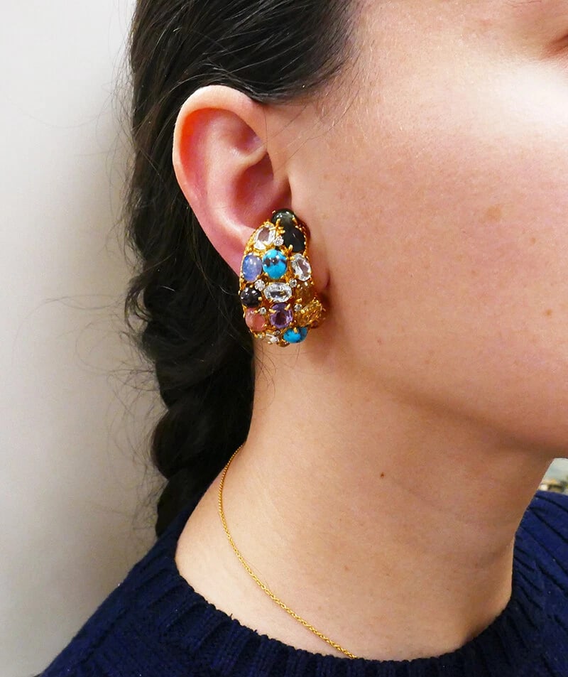 Vintage French 18k Gold Gemstones EARRINGS Signed MBM - 2