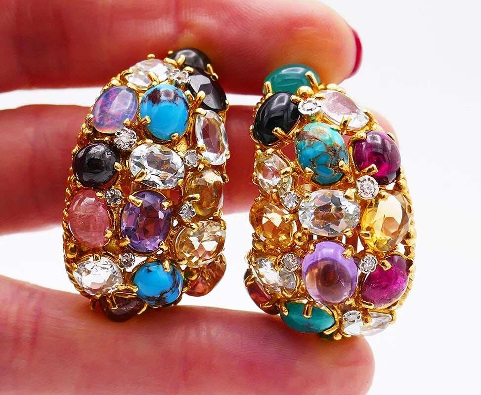 Vintage French 18k Gold Gemstones EARRINGS Signed MBM - 4