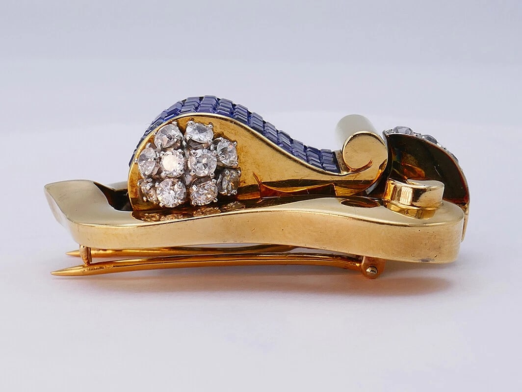 BOUCHERON 18k Gold Retro CLIP Pin Brooch Diamond Sapphire - 3