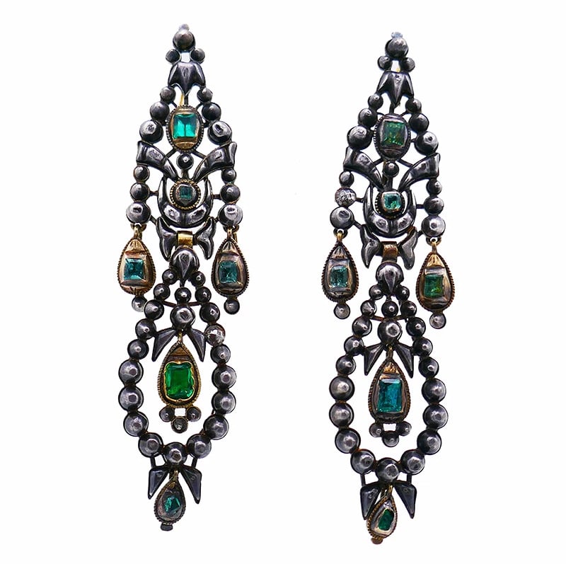 Antique Iberian 14k Gold Chandelier EARRINGS Silver Topped Estate Jewelry (1 of 4)