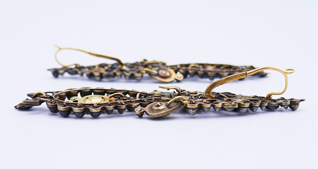 Antique Iberian 14k Gold Chandelier EARRINGS Silver Topped Estate Jewelry - 3