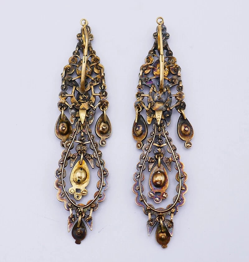 Antique Iberian 14k Gold Chandelier EARRINGS Silver Topped Estate Jewelry - 4