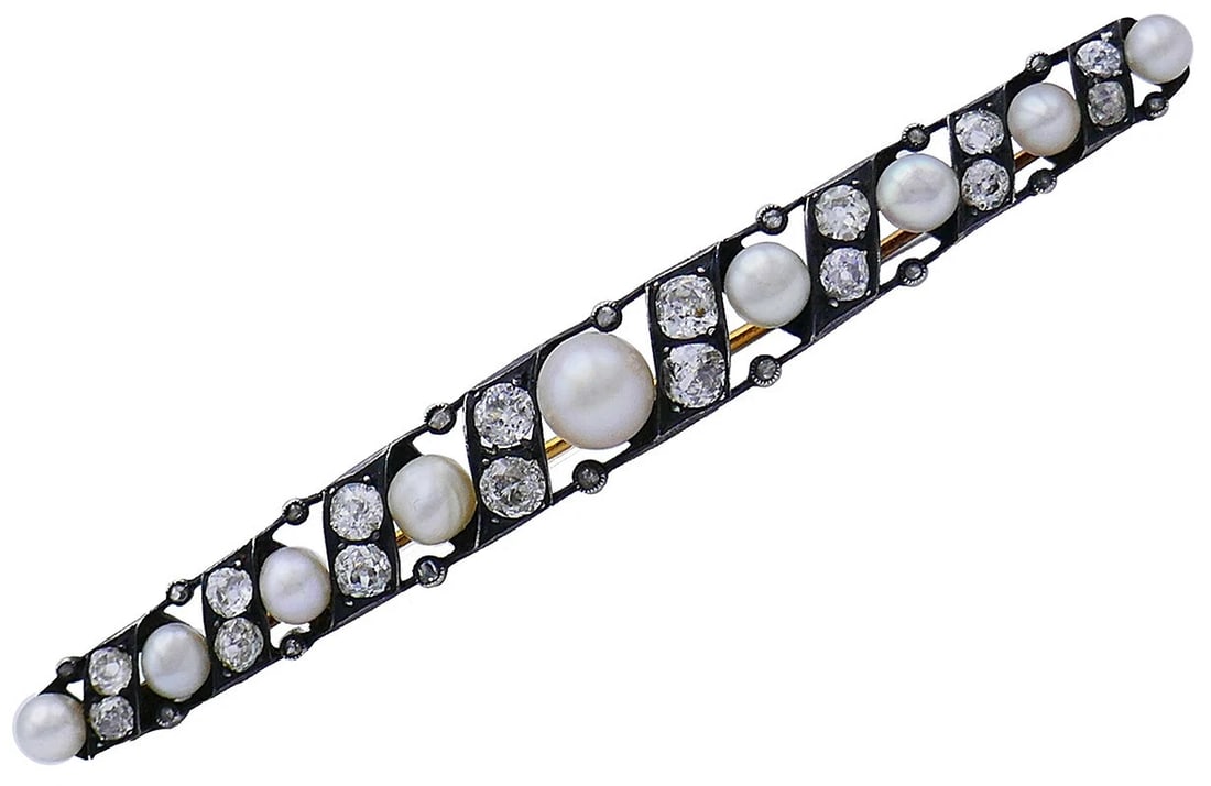 Victorian Natural Pearl Diamond TIE PIN in Silver and 14k Yellow Gold GIA Report (1 of 7)