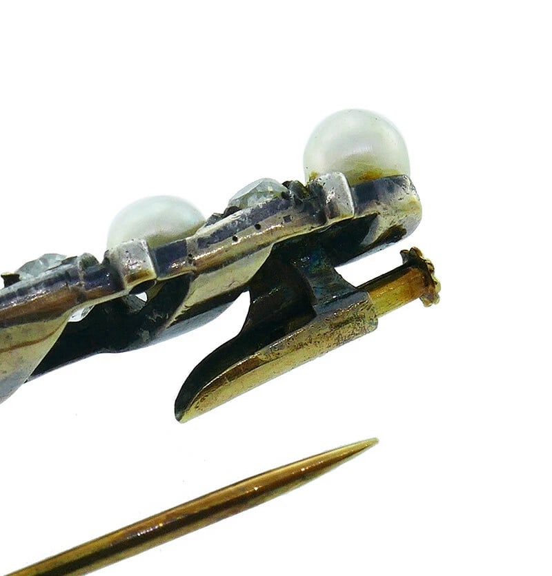 Victorian Natural Pearl Diamond TIE PIN in Silver and 14k Yellow Gold GIA Report - 5