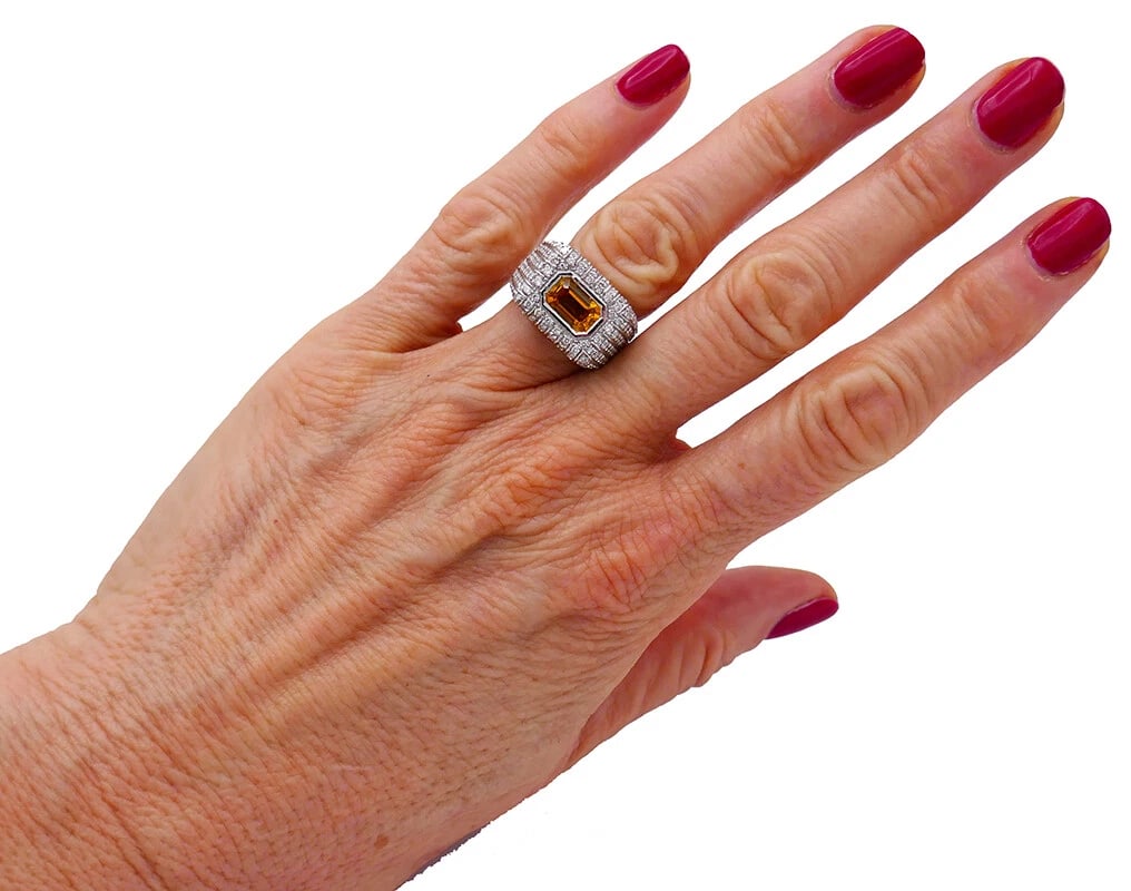 Vintage Yellow Sapphire Diamond 18k White Gold RING Italy - 3