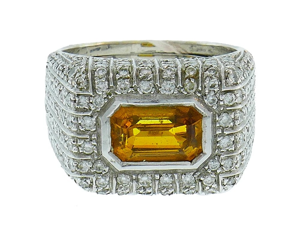 Vintage Yellow Sapphire Diamond 18k White Gold RING Italy - 4