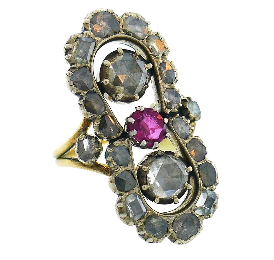 Victorian French Diamond RING 18k Gold Silver Ring Antique (1 of 7)