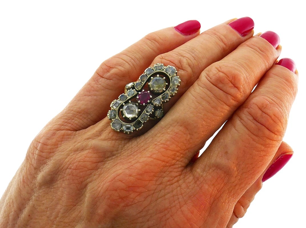 Victorian French Diamond RING 18k Gold Silver Ring Antique - 2