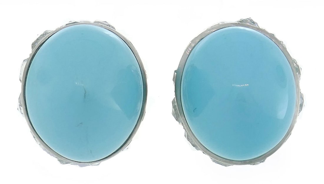 Vintage FRED LEIGHTON EARRINGS Turquoise Diamond Platinum Studs - 3