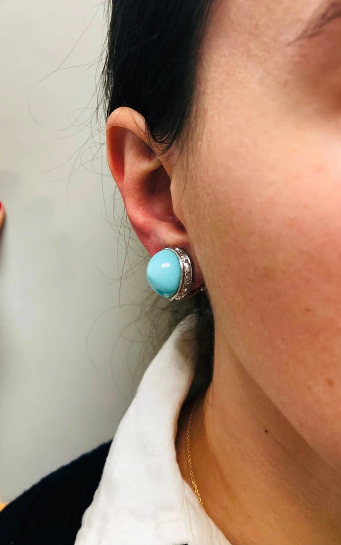 Vintage FRED LEIGHTON EARRINGS Turquoise Diamond Platinum Studs - 5