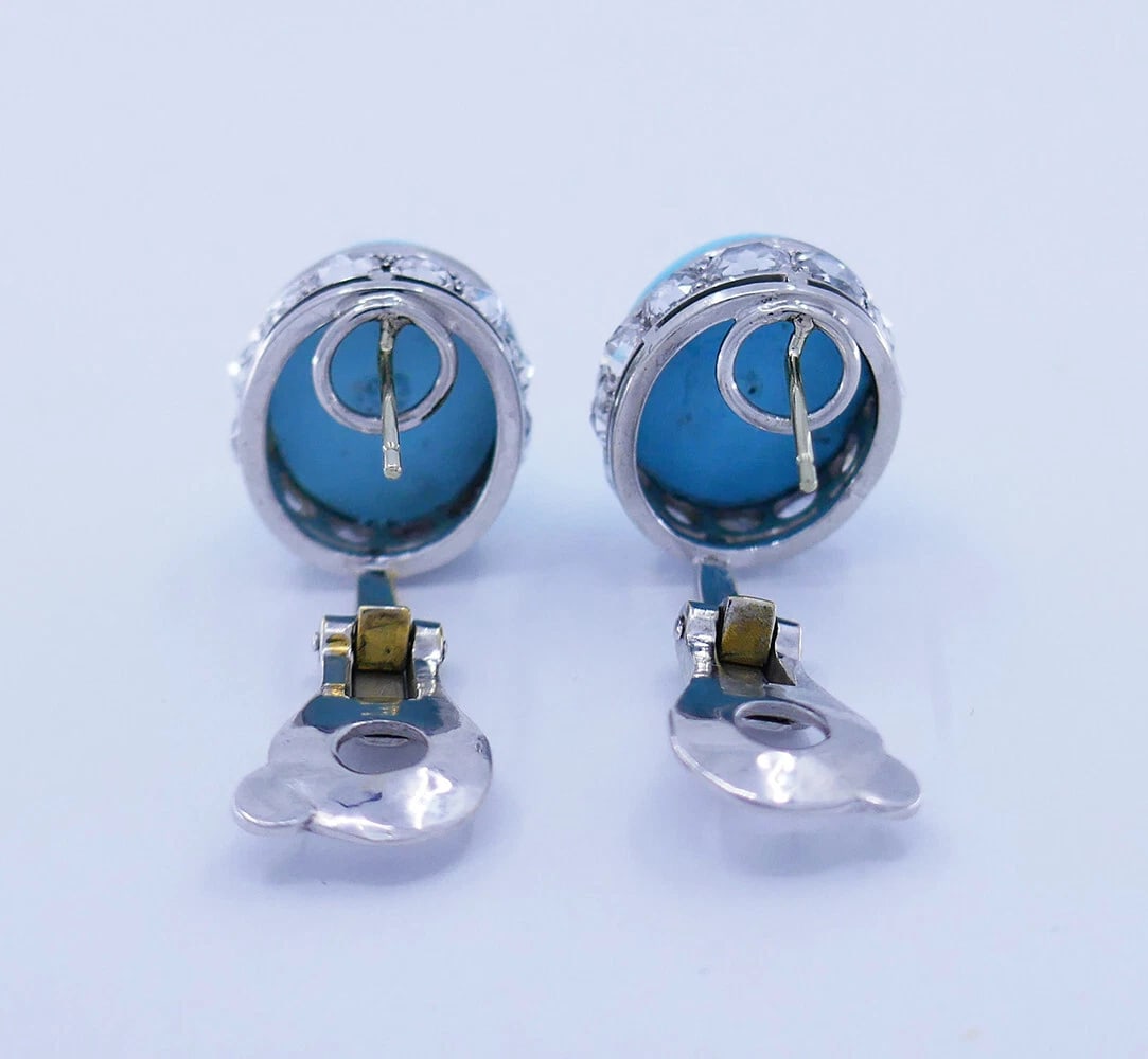 Vintage FRED LEIGHTON EARRINGS Turquoise Diamond Platinum Studs - 8