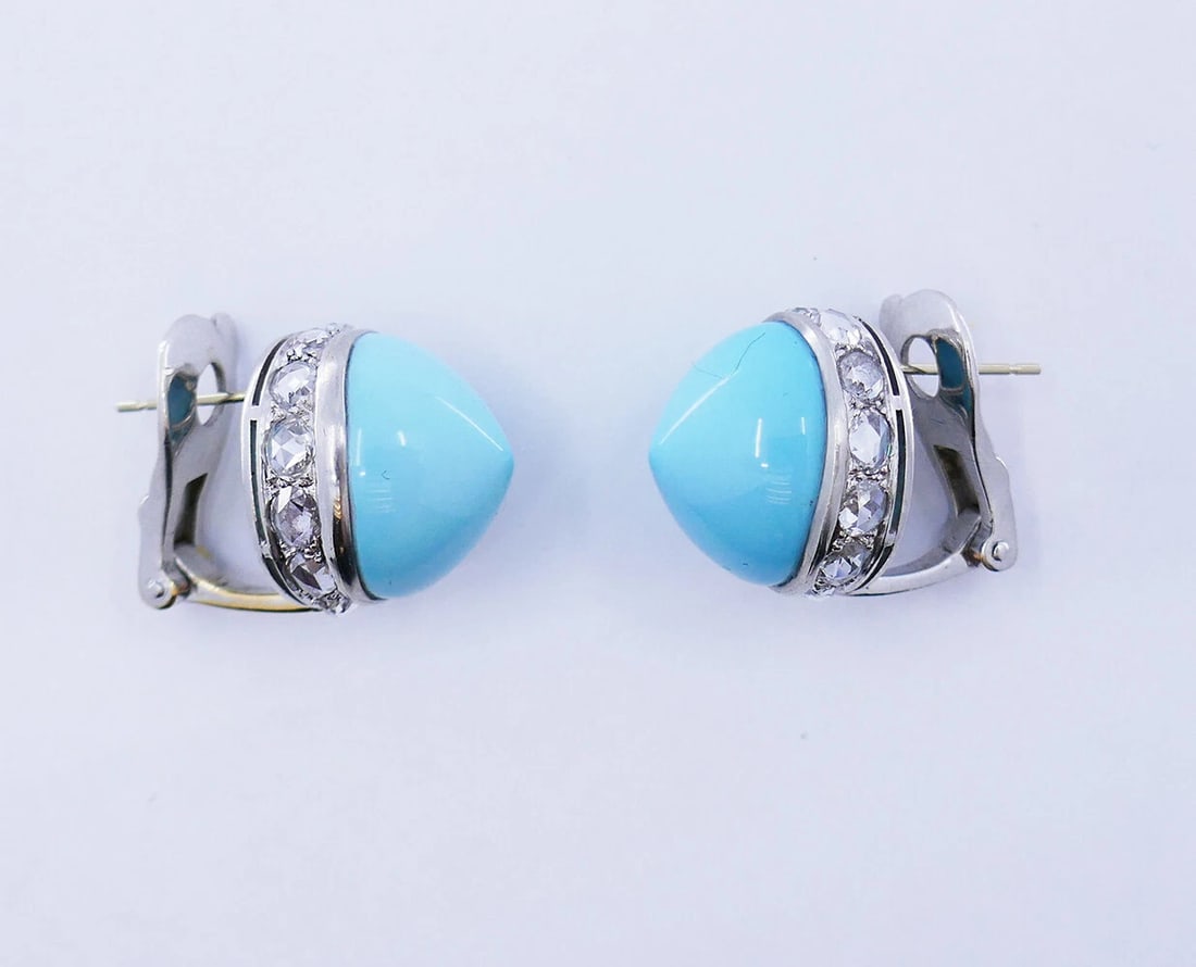 Vintage FRED LEIGHTON EARRINGS Turquoise Diamond Platinum Studs - 9