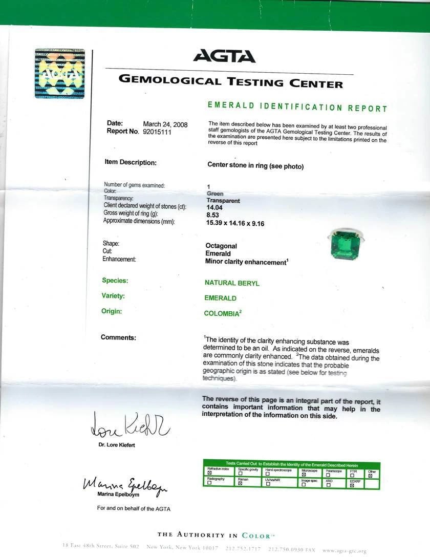 Vintage Harry Winston Emerald Diamond Platinum RING 14.04 Carat Colombian AGL - 6