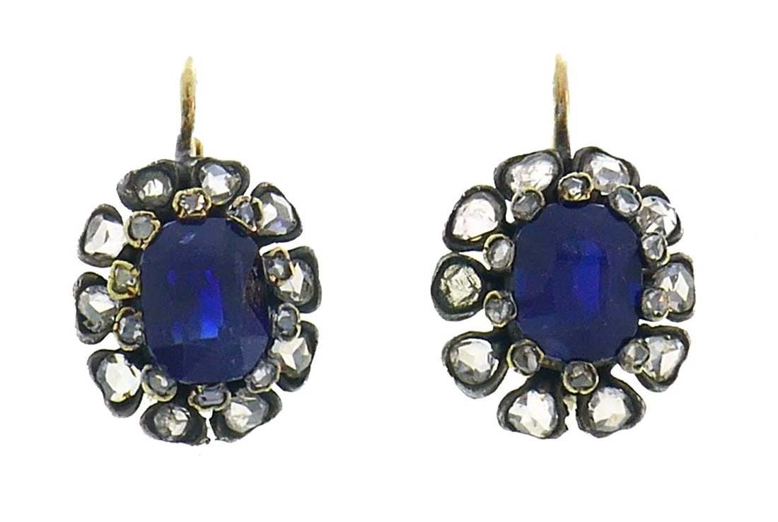 Victorian Sapphire Diamond Silver 14k Yellow Gold EARRINGS Drop Cluster Antique (1 of 7)