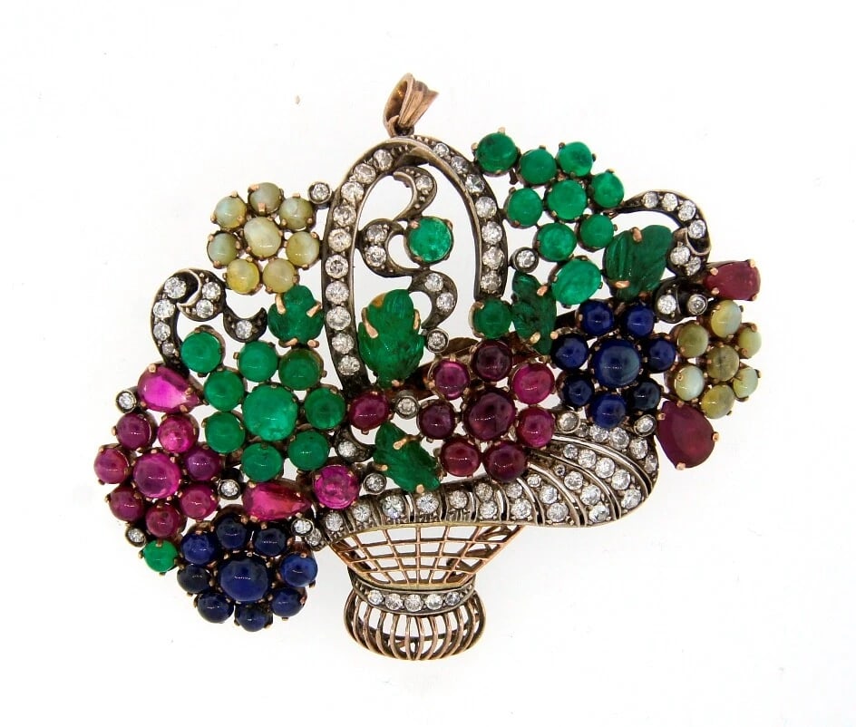 Art Deco Tutti-Frutti 10k Gold PENDANT PIN BROOCH Antique Gemstone Silver: Title: Art Deco Tutti-Frutti 10k Gold PENDANT PIN BROOCH Antique Gemstone Silver Description: Art Deco Diamond Ruby Emerald Sapphire Cat's-Eye Silver 10 karat Rose old Brooch Made of silver over 10 ka
