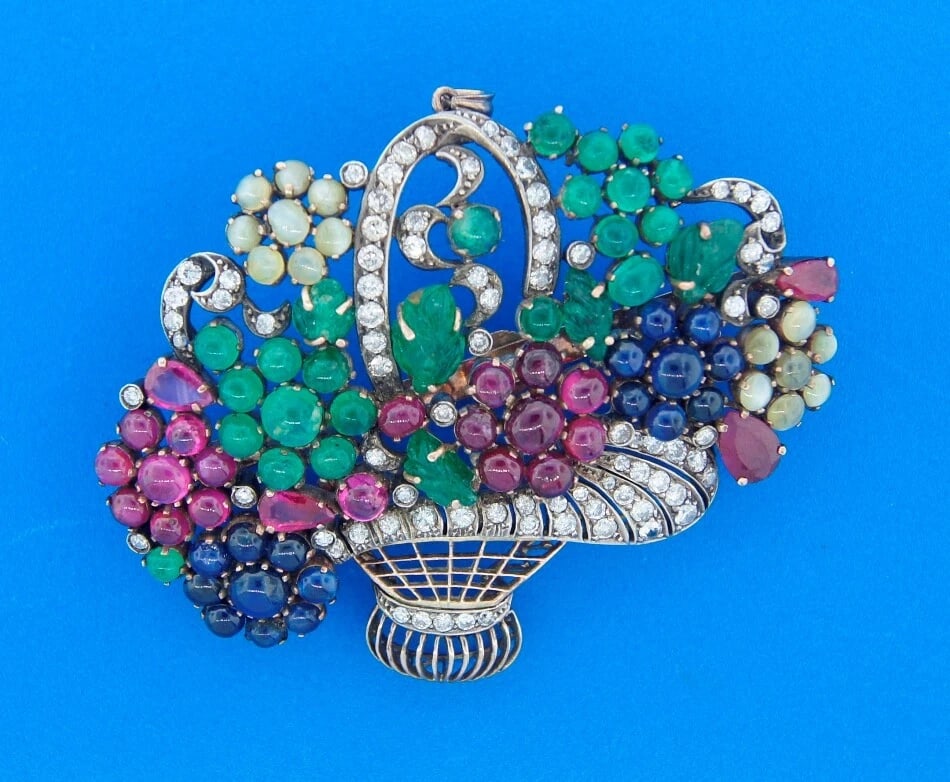 Art Deco Tutti-Frutti 10k Gold PENDANT PIN BROOCH Antique Gemstone Silver - 2